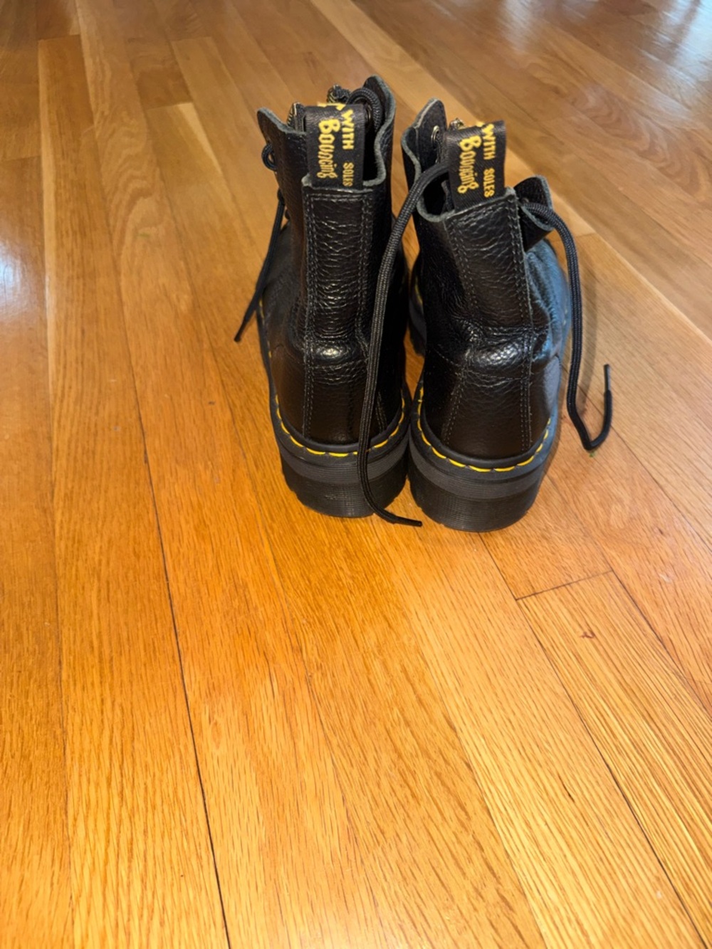 Dr. Martens Black Leather Platform Zip Front Boots with Yellow Stitching - Picture 3 of 4